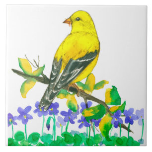 Goldfinch Bird Purple Violets Flowers Tile