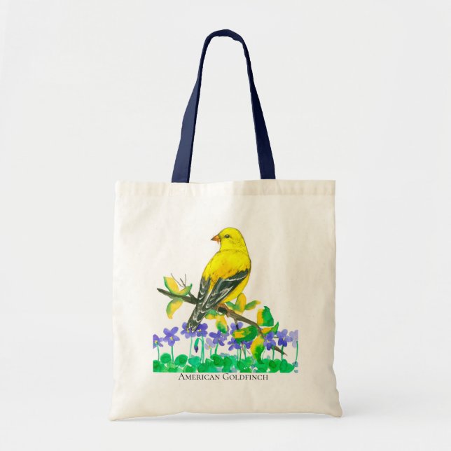 Goldfinch Bird Purple Violets Wildflowers Tote Bag (Front)