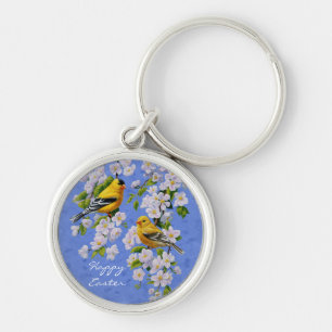 Goldfinch Birds and Flowers Blue Keychain