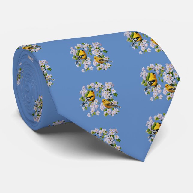 Goldfinch Birds and Flowers Blue Tie (Rolled)