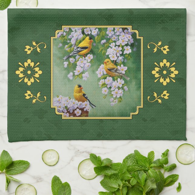 Goldfinch Birds and Flowers Green Kitchen Towel (Folded)