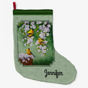 Goldfinch Birds and Flowers Green Large Christmas Stocking