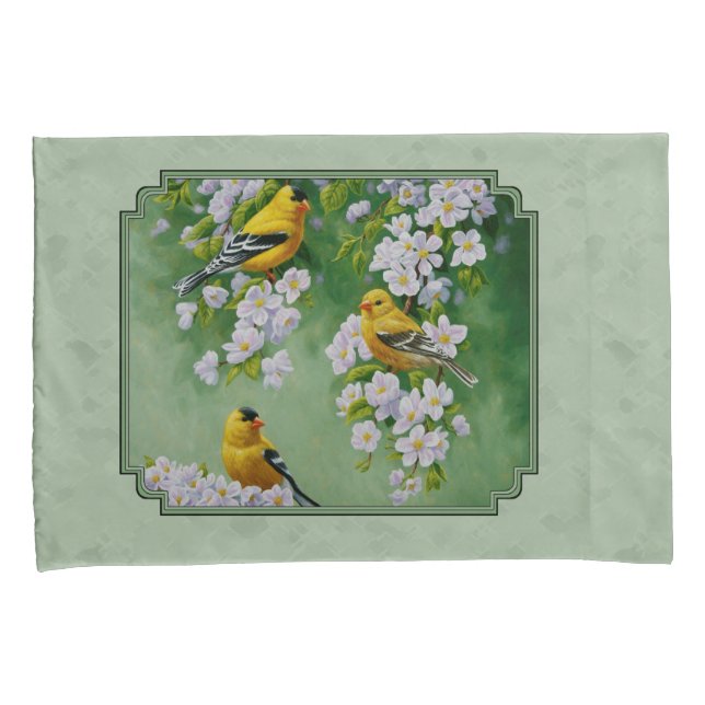Goldfinch Birds and Flowers Green Pillowcase (Front-Right)