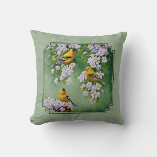 Goldfinch Birds and Flowers Green Throw Pillow