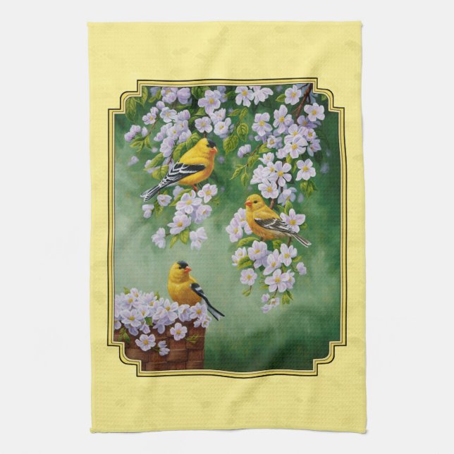 Goldfinch Birds & Apple Blossoms Yellow Kitchen Towel (Vertical)