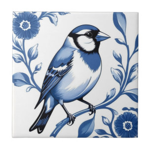Goldfinch Delft Blue and White Floral Finch Bird Tile