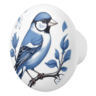 Goldfinch Finch Bird Delft Blue and White Floral Ceramic Knob