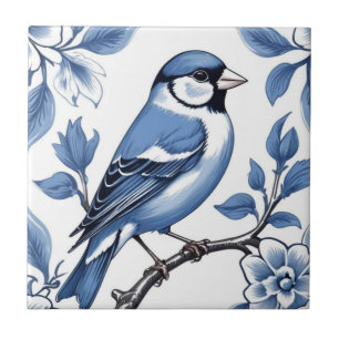 Goldfinch Finch Bird Delft Blue and White Floral Tile