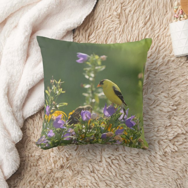 Goldfinch on a Harebell Flower Throw Pillow (Blanket)