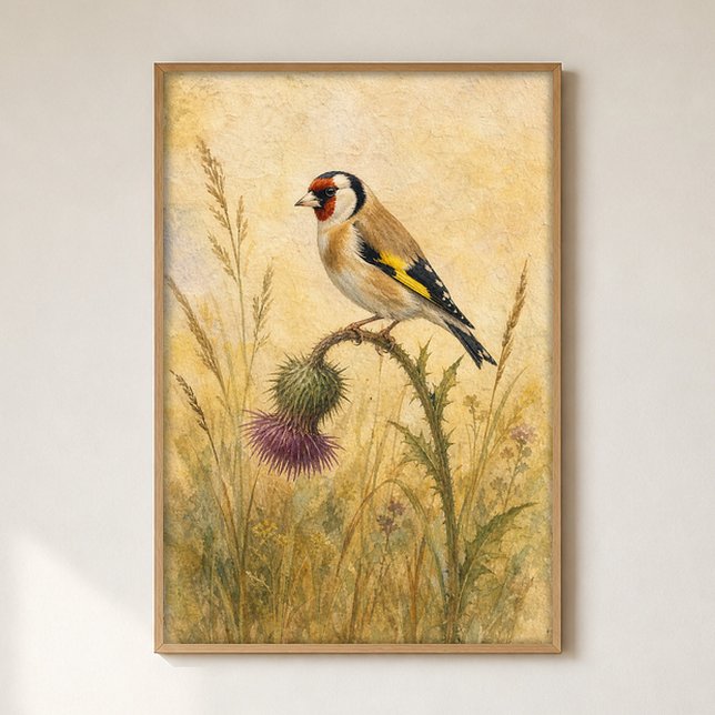 Goldfinch on a Thistle Watercolour Poster (Shown framed for scale. Poster ships unframed; frames are an optional add-on.)