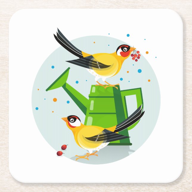 Goldfinch pair sitting gathering berries  square paper coaster (Front)
