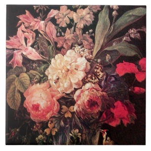 GOLDFINCH,PINK ROSES AND BUTTERFLY Flemish Tile