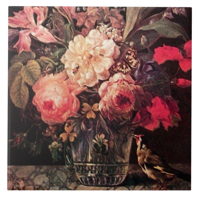 GOLDFINCH,PINK ROSES AND BUTTERFLY TILE (Front)