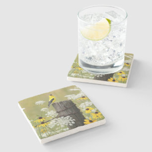 Goldfinch Singing on a Fence Post Stone Coaster
