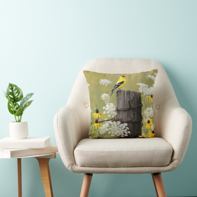Goldfinch Singing on a Fence Post Throw Pillow (Chair)