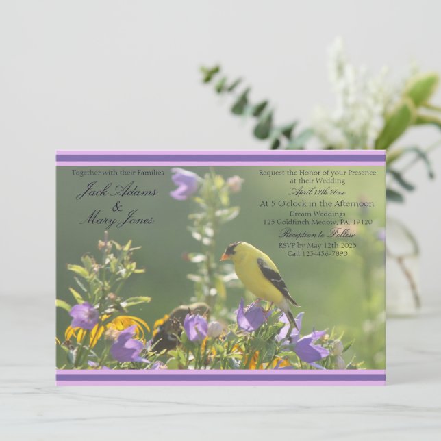 Goldfinch Spring Garden Invitation de mariage (Debout devant)