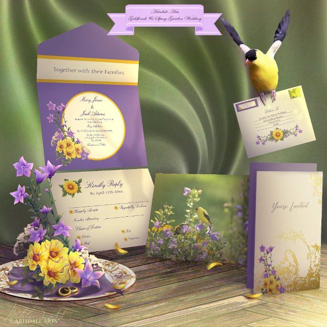 Goldfinch Spring Garden Wedding Cream All In One Invitation (Spring into your wedding with Arisdale Arts Goldfinch Garden and Spring Garden Collection set.)