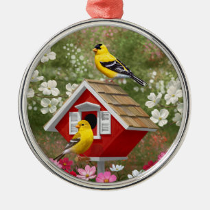Goldfinches and Cute Cottage Birdhouse Metal Ornament