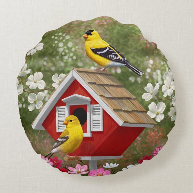 Goldfinches and Cute Cottage Birdhouse Round Pillow (Back)
