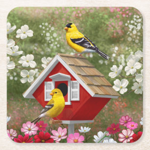 Goldfinches and Cute Cottage Birdhouse Square Paper Coaster