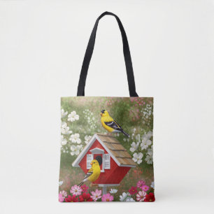 Goldfinches and Cute Cottage Birdhouse Tote Bag