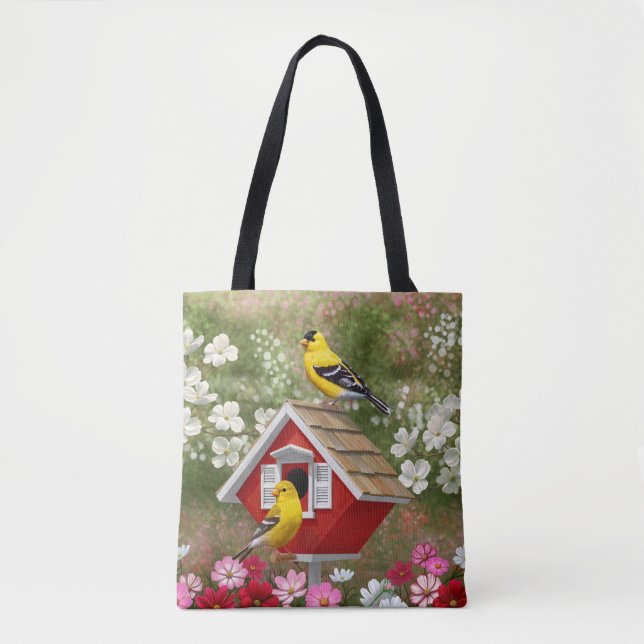 Goldfinches and Cute Cottage Birdhouse Tote Bag (Front)