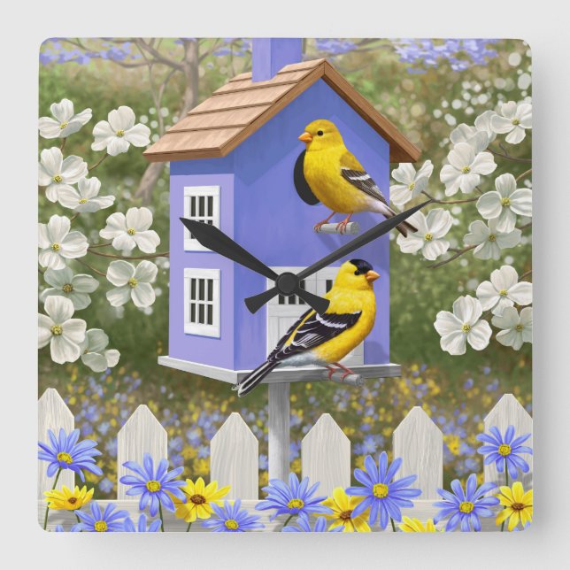 Goldfinches and Fancy Purple Birdhouse Square Wall Clock (Front)