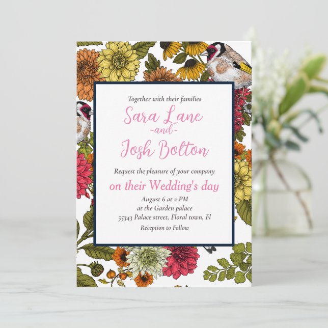 Goldfinches and flowers invitation (Standing Front)