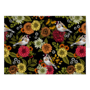 Goldfinches in the garden on black