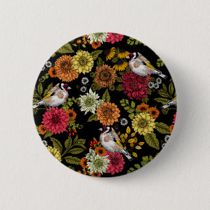 Goldfinches in the garden on black 2 inch round button