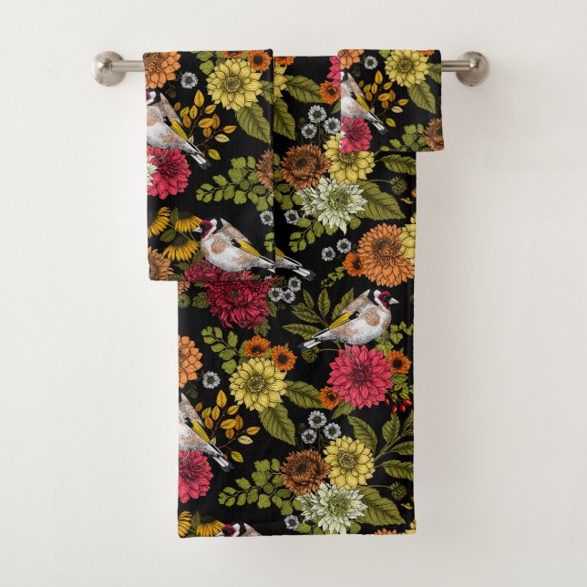 Goldfinches in the garden on black bath towel set (Insitu)