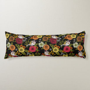 Goldfinches in the garden on black body pillow