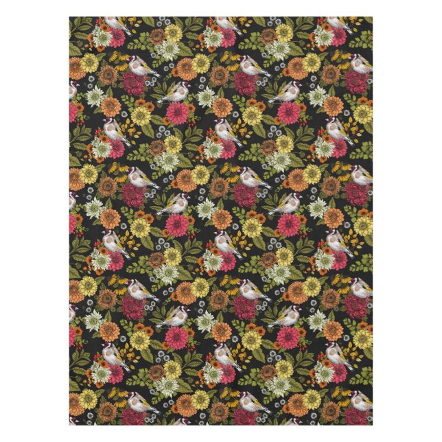 Goldfinches in the garden on black tablecloth (Front)
