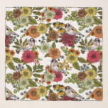 Goldfinches in the garden scarf<br><div class="desc">Hand-drawn goldfinches on bouquets and leaves- dahlias, chrysanthemums, calendula, coneflowers ivy and ferns</div>