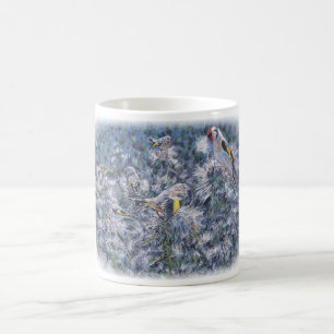 Goldfinches on thistles. coffee mug