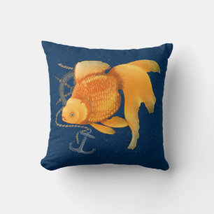 Goldfish Anchor Ship Wheel Nautical Throw Pillow