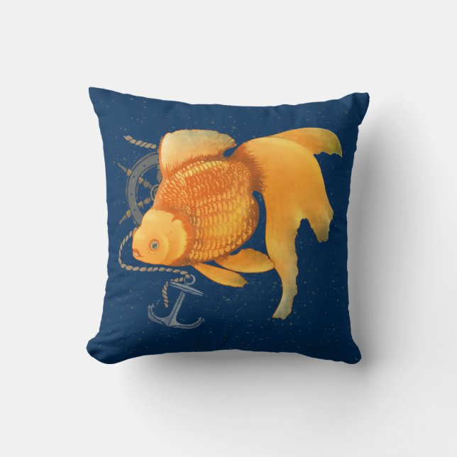 Goldfish Anchor Ship Wheel Nautical Throw Pillow (Front)