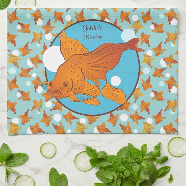 Goldfish and Bubbles Graphic Pattern Personalized Kitchen Towel (Folded)