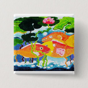 Goldfish and waterlily 2 inch square button
