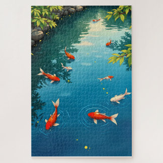 Goldfish in a Tranquil Blue Pond - Retro Japanese  Jigsaw Puzzle