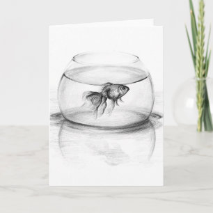 Goldfish in bowl and water Pencil drawing art Card