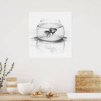 Goldfish in bowl and water Pencil drawing art