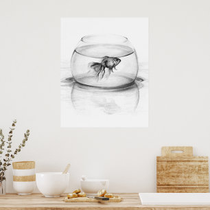 Goldfish in bowl and water Pencil drawing art Poster