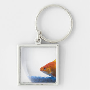 Goldfish in bowl on white background keychain