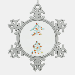 Goldfish in "Kingyo" Chinese characters (blue) Snowflake Pewter Christmas Ornament