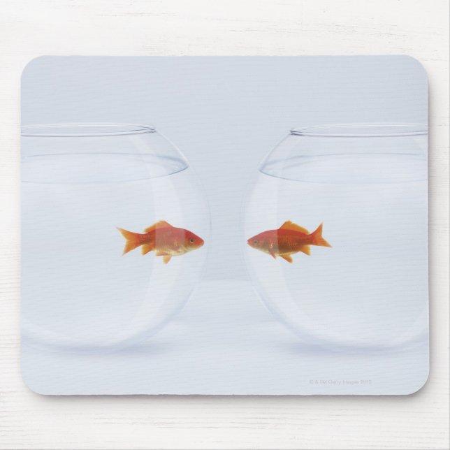 Goldfish in separate fishbowls looking face to fac mouse pad (Front)