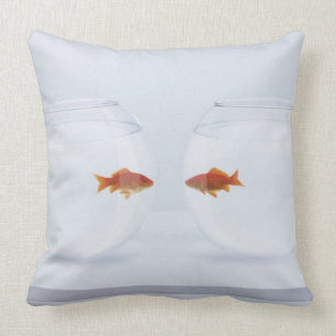 Goldfish in separate fishbowls looking face to fac throw pillow