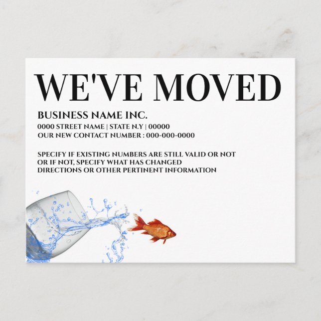 Goldfish jumping from glass moved business home announcement postcard (Front)