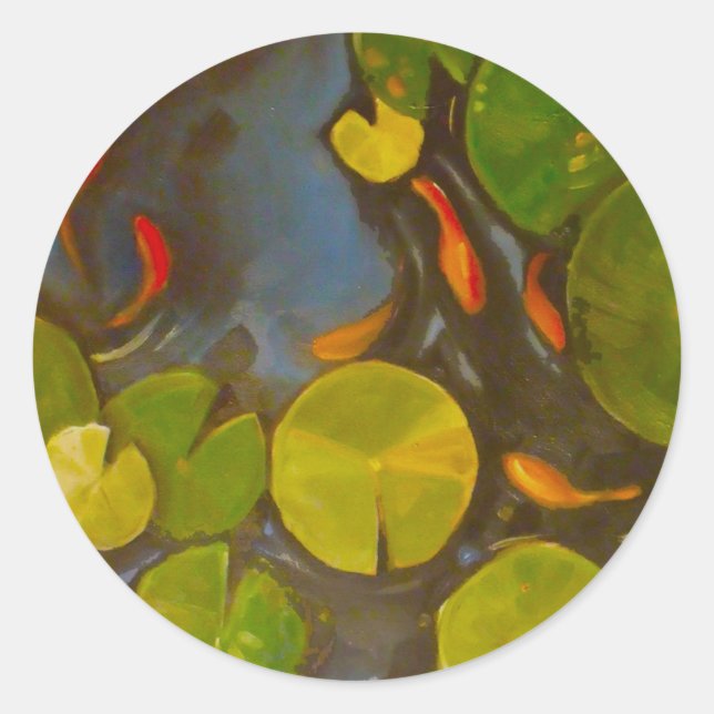 Goldfish Koi Pond Water Lilies Classic Round Sticker (Front)