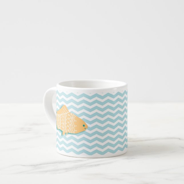 Goldfish on aqua blue chevron espresso cup (Front Left)